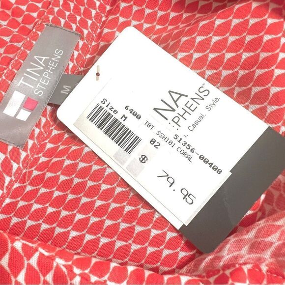 NWT Tina Stephens Joni Blouse Top Triangle Coral M Button Down Roll Tab Sleeve - Picture 12 of 14